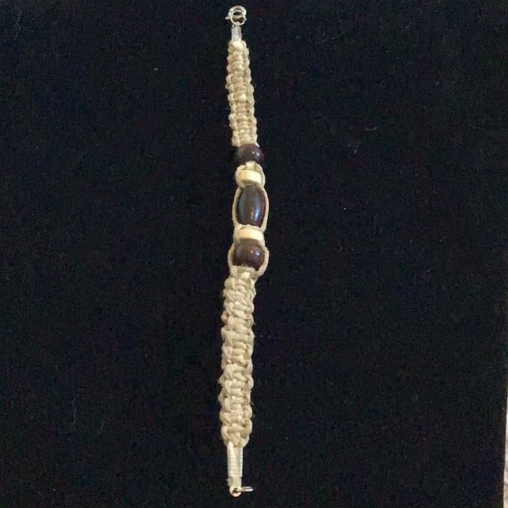NWOT Macrame Bracelet Jute Wood Beads Silver Clasp